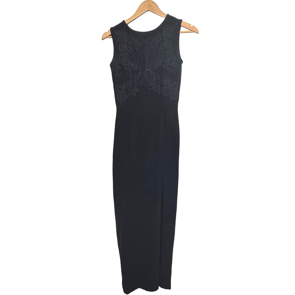 Vintage Tadashi Dress 80'a Black Sleeveless Embroidered Mesh Formal Gown Size S